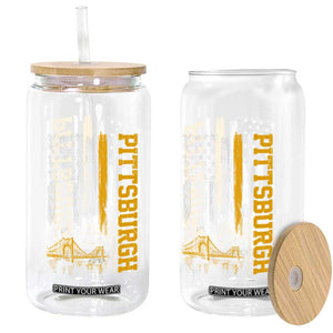 Pittsburgh City Skyline Roberto Clemente Bridge Graphic Glass Can American Flag Yellow Bridge City Hometown Pride