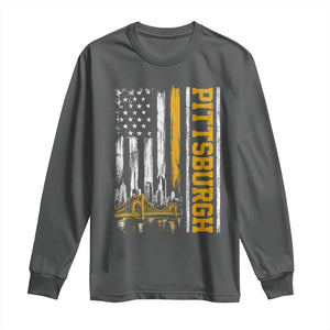 Pittsburgh City Skyline Roberto Clemente Bridge Graphic Long Sleeve Shirt American Flag Yellow Bridge City Hometown Pride