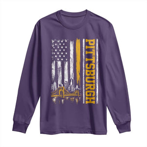 Pittsburgh City Skyline Roberto Clemente Bridge Graphic Long Sleeve Shirt American Flag Yellow Bridge City Hometown Pride