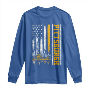 Pittsburgh City Skyline Roberto Clemente Bridge Graphic Long Sleeve Shirt American Flag Yellow Bridge City Hometown Pride