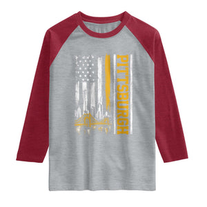 Pittsburgh City Skyline Roberto Clemente Bridge Graphic Raglan Shirt American Flag Yellow Bridge City Hometown Pride
