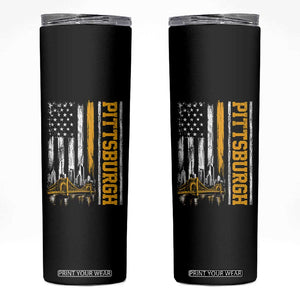Pittsburgh City Skyline Roberto Clemente Bridge Graphic Skinny Tumbler American Flag Yellow Bridge City Hometown Pride