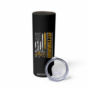 Pittsburgh City Skyline Roberto Clemente Bridge Graphic Skinny Tumbler American Flag Yellow Bridge City Hometown Pride