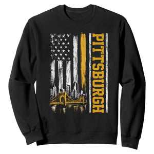 Pittsburgh City Skyline Roberto Clemente Bridge Graphic Sweatshirt American Flag Yellow Bridge City Hometown Pride