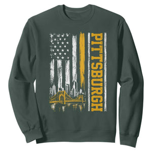 Pittsburgh City Skyline Roberto Clemente Bridge Graphic Sweatshirt American Flag Yellow Bridge City Hometown Pride