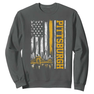 Pittsburgh City Skyline Roberto Clemente Bridge Graphic Sweatshirt American Flag Yellow Bridge City Hometown Pride