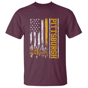 Pittsburgh City Skyline Roberto Clemente Bridge Graphic T Shirt American Flag Yellow Bridge City Hometown Pride