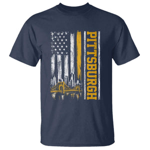 Pittsburgh City Skyline Roberto Clemente Bridge Graphic T Shirt American Flag Yellow Bridge City Hometown Pride