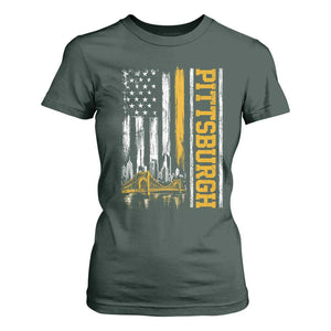 Pittsburgh City Skyline Roberto Clemente Bridge Graphic T Shirt For Women American Flag Yellow Bridge City Hometown Pride
