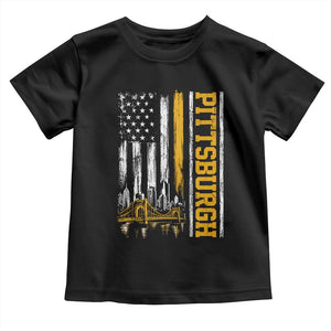 Pittsburgh City Skyline Roberto Clemente Bridge Graphic Toddler T Shirt American Flag Yellow Bridge City Hometown Pride