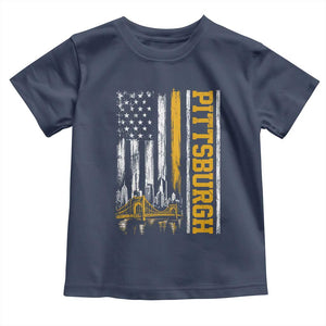 Pittsburgh City Skyline Roberto Clemente Bridge Graphic Toddler T Shirt American Flag Yellow Bridge City Hometown Pride
