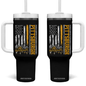Pittsburgh City Skyline Roberto Clemente Bridge Graphic Tumbler With Handle American Flag Yellow Bridge City Hometown Pride