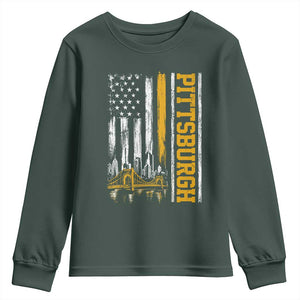 Pittsburgh City Skyline Roberto Clemente Bridge Graphic Youth Sweatshirt American Flag Yellow Bridge City Hometown Pride