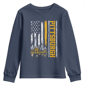 Pittsburgh City Skyline Roberto Clemente Bridge Graphic Youth Sweatshirt American Flag Yellow Bridge City Hometown Pride