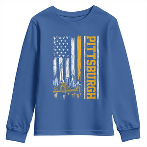Pittsburgh City Skyline Roberto Clemente Bridge Graphic Youth Sweatshirt American Flag Yellow Bridge City Hometown Pride