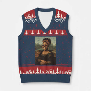 Modern Black Mona Lisa Headwrap Sunglasses Parody V-Neck Knit Sweater Vest Trendy Urban Fine Art Portrait Graphic