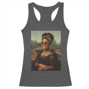 Modern Black Mona Lisa Headwrap Sunglasses Parody Racerback Tank Top Trendy Urban Fine Art Portrait Graphic