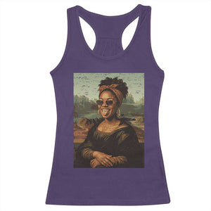 Modern Black Mona Lisa Headwrap Sunglasses Parody Racerback Tank Top Trendy Urban Fine Art Portrait Graphic