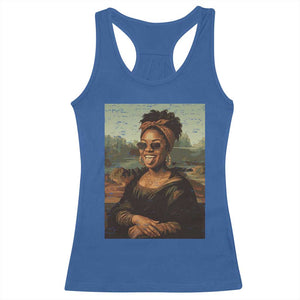 Modern Black Mona Lisa Headwrap Sunglasses Parody Racerback Tank Top Trendy Urban Fine Art Portrait Graphic