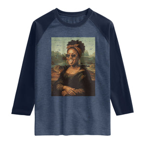 Modern Black Mona Lisa Headwrap Sunglasses Parody Raglan Shirt Trendy Urban Fine Art Portrait Graphic