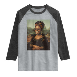 Modern Black Mona Lisa Headwrap Sunglasses Parody Raglan Shirt Trendy Urban Fine Art Portrait Graphic
