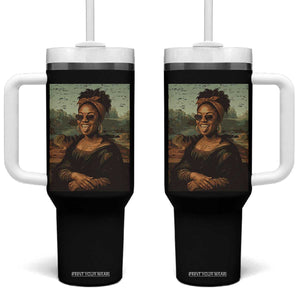 Modern Black Mona Lisa Headwrap Sunglasses Parody Tumbler With Handle Trendy Urban Fine Art Portrait Graphic