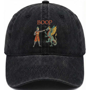 Funny Boop Medieval Knight Poking Dragon Graphic Washed Cotton Baseball Cap Vintage Renaissance Faire Fantasy Meme