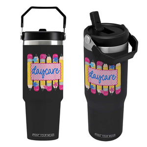 Cute Daycare Teacher Yellow Pencils Graphic Flip Straw Tumbler Retro Back to School Childcare Gift