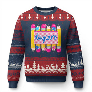 Cute Daycare Teacher Yellow Pencils Graphic Ugly Christmas Sweater Retro Back to School Childcare Gift