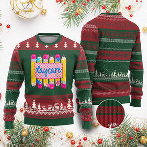 Cute Daycare Teacher Yellow Pencils Graphic Ugly Christmas Sweater Retro Back to School Childcare Gift