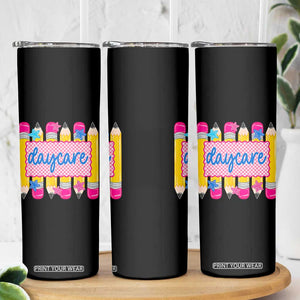 Cute Daycare Teacher Yellow Pencils Graphic Skinny Tumbler Retro Back to School Childcare Gift
