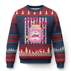 Cute Christian Faith Preppy Graphic Ugly Christmas Sweater Jesus Is My Jam Strawberry Fruit Jar