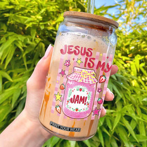 Cute Christian Faith Preppy Graphic Glass Can Jesus Is My Jam Strawberry Fruit Jar
