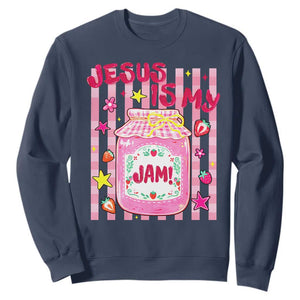 Cute Christian Faith Preppy Graphic Sweatshirt Jesus Is My Jam Strawberry Fruit Jar