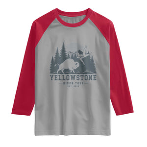 Yellowstone Bison Toss Est 2026 Raglan Shirt Funny Sarcastic Tourist National Park Badge Graphic