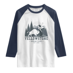 Yellowstone Bison Toss Est 2026 Raglan Shirt Funny Sarcastic Tourist National Park Badge Graphic