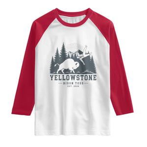 Yellowstone Bison Toss Est 2026 Raglan Shirt Funny Sarcastic Tourist National Park Badge Graphic
