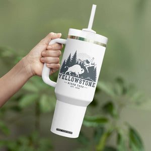 Yellowstone Bison Toss Est 2026 Tumbler With Handle Funny Sarcastic Tourist National Park Badge Graphic