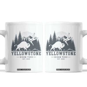 Yellowstone Bison Toss Est 2026 Coffee Mug Funny Sarcastic Tourist National Park Badge Graphic