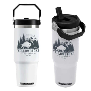 Yellowstone Bison Toss Est 2026 Flip Straw Tumbler Funny Sarcastic Tourist National Park Badge Graphic