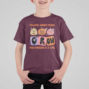 Halloween Reading T Shirt For Kid Helping Spooky Minds Grow One Phoneme Dyslexia Pumpkin TS02 Maroon Print Your Wear