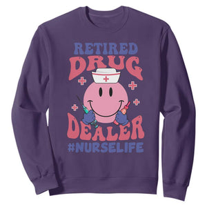 Funny Retired Drug Dealer Sweatshirt Retro Nurse Life Retirement Gift for Healthcare Workers TS02 Purple Print Your Wear