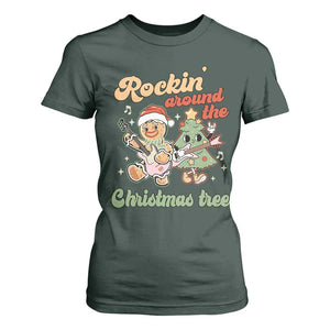 Groovy Christmas T Shirt For Women Rockin' Around The Xmas Tree Groovy Gingerbread Man TS02 Dark Forest Green Print Your Wear