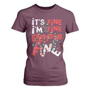 Funny Christmas T Shirt For Women It's Fine I'm Fine Everthing Is Fine Xmas Lights TS02 Maroon Print Your Wear