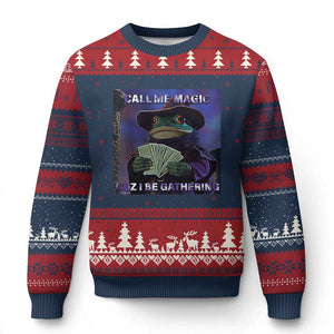 Funny Wizard Frog Fantasy Meme Ugly Christmas Sweater Call Me Magic Cuz I Be Gathering MTG Gamer TS02 Navy Red Print Your Wear