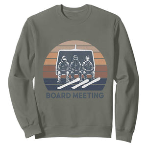 Funny Snowboarding Board Meeting Sweatshirt Retro Chairlift Snowboarders Powder Junkies TS02 Military Green Print Your Wear