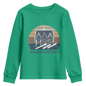 Funny Snowboarding Board Meeting Youth Sweatshirt Retro Chairlift Snowboarders Powder Junkies TS02 Irish Green Print Your Wear