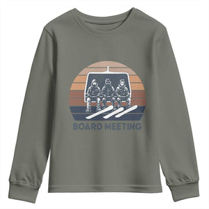 Funny Snowboarding Board Meeting Youth Sweatshirt Retro Chairlift Snowboarders Powder Junkies TS02 Military Green Print Your Wear