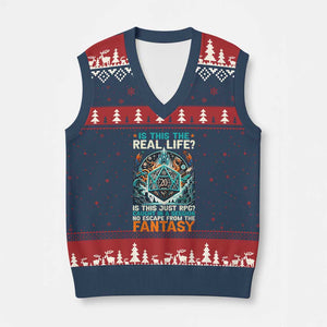 Is This the Real Life RPG Parody Fantasy Dice V-Neck Knit Sweater Vest Funny Epic Tabletop Dungeon Roleplay Game Fans TS02 Navy Red Print Your Wear
