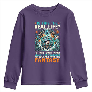 Is This the Real Life RPG Parody Fantasy Dice Youth Sweatshirt Funny Epic Tabletop Dungeon Roleplay Game Fans TS02 Purple Print Your Wear